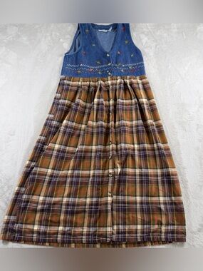 Victoria Jones Denim VTG Embroidered Top with Brown Plaid Maxi Skirt 90s